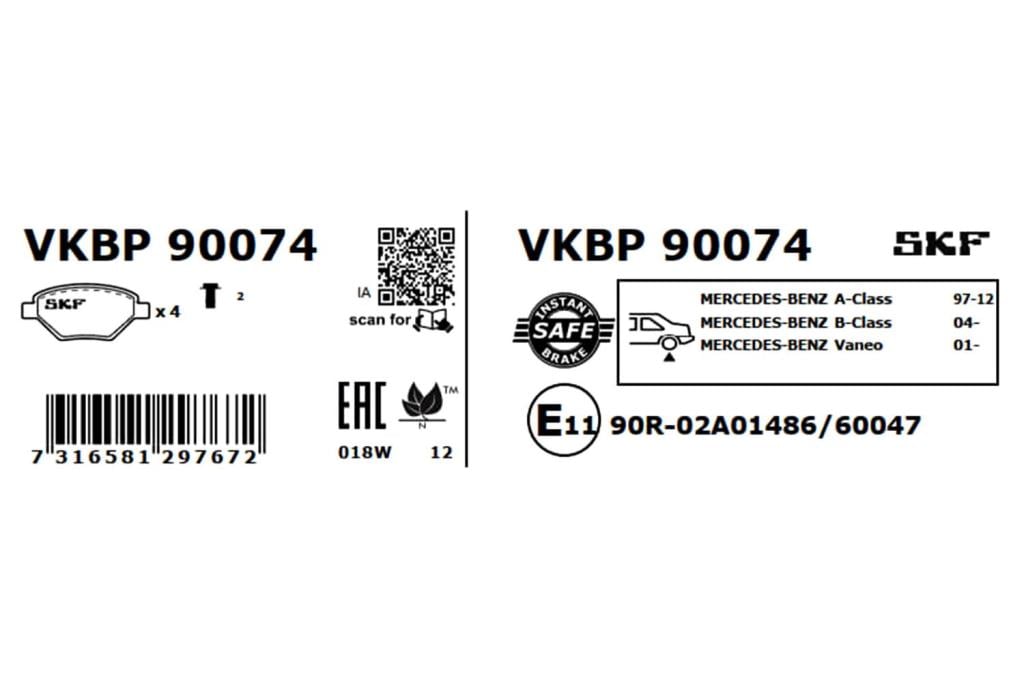 Jeu de 4 plaquettes de frein SKF ref. VKBP 90074